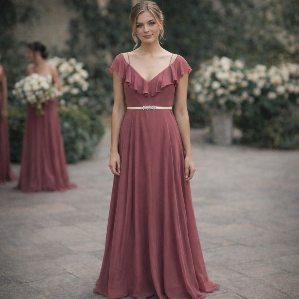 Jenny‎ Yoo Collection Mauve Chiffon Ruffle Cold Shoulder Gown Mila Dress Size 0
